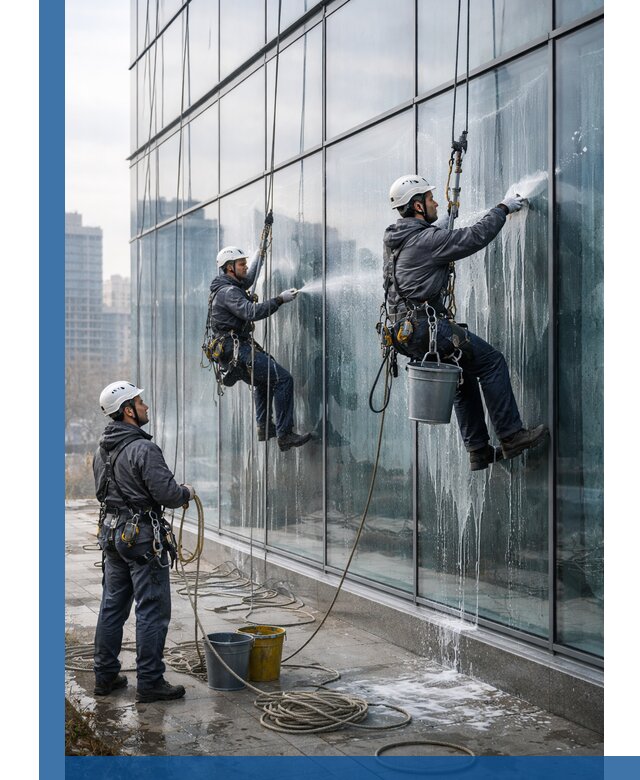 Промышленная мойка панорамных окон на высоте в Топках