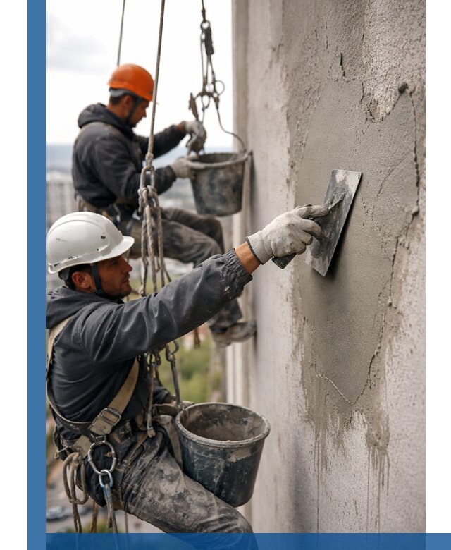 Штукатурка фасада на высоте в Топках профессиональные работы