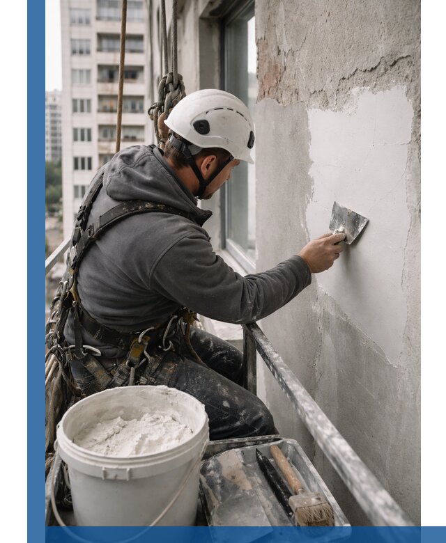 Шпаклевка фасадов на высоте с промальпинистами в Топках