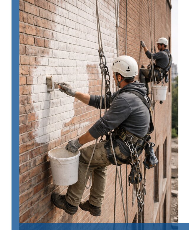 Покраска кирпичного фасада с доступным альпинистским сервисом в Топках