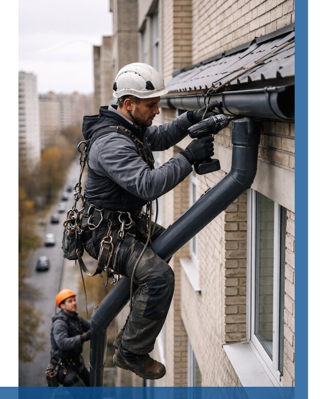 Монтаж водосточной системы на здании в Топках от 5067 р. | ВЫСОТНИК-Тпк