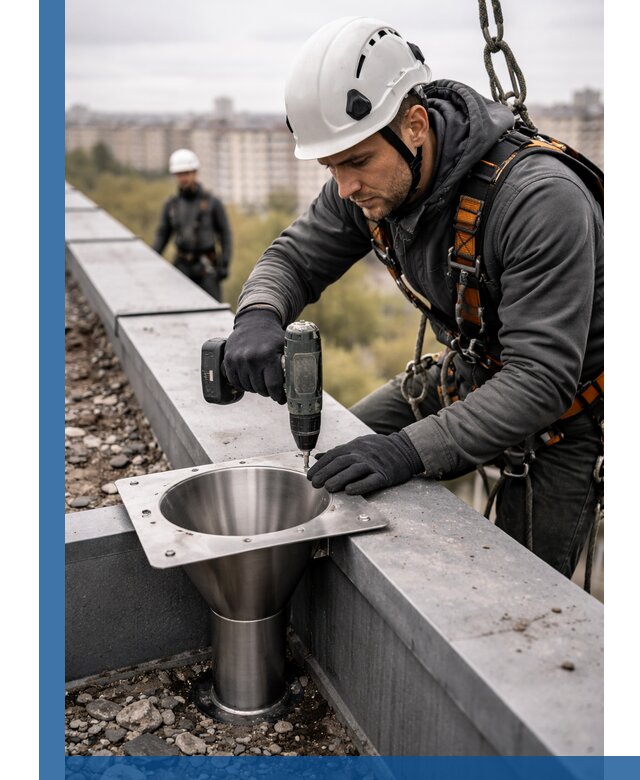 Монтаж водосточных воронок в Топках для промышленных зданий