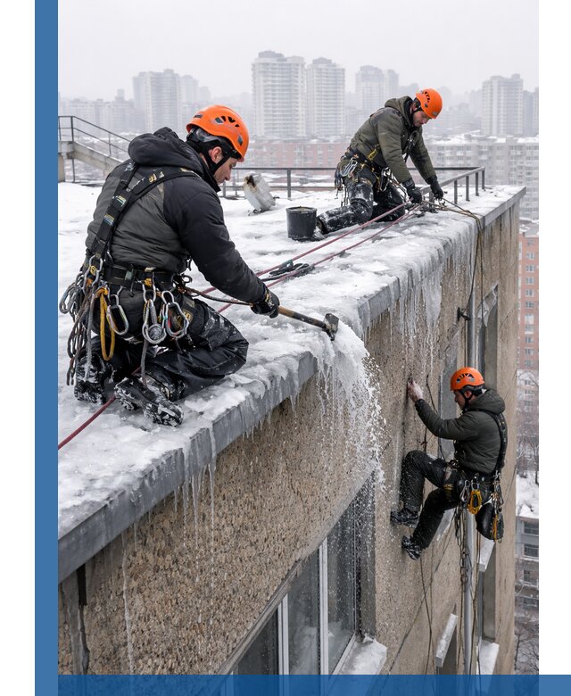 Удаление наледи с кровли в Топках промышленными альпинистами