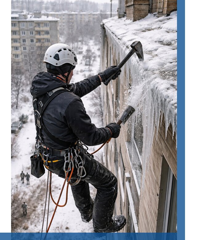 Сбивание сосулек с крыши в Топках по цене от 4560 р. | ВЫСОТНИК-Тпк