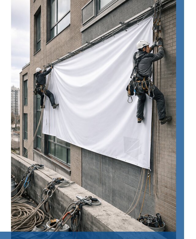 Монтаж баннеров на фасаде в Топках от 659 р. заказать ВЫСОТНИК-Тпк