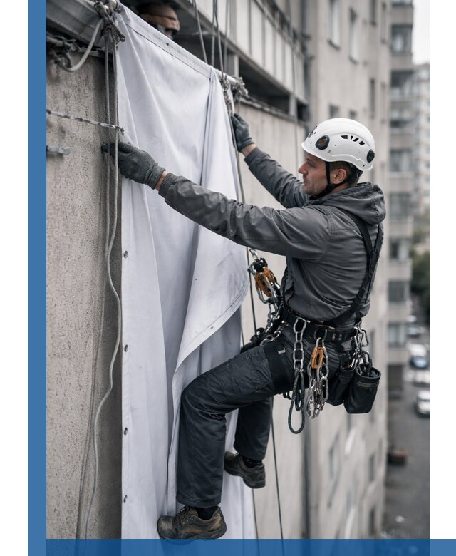 Замена баннерного полотна промышленными альпинистами в Топках