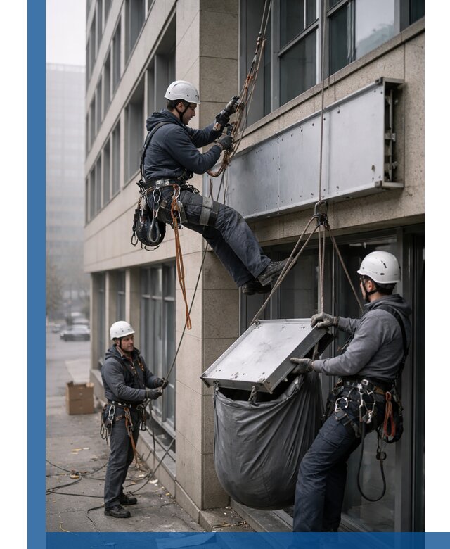 Демонтаж рекламной вывески с высотными работами в Топках