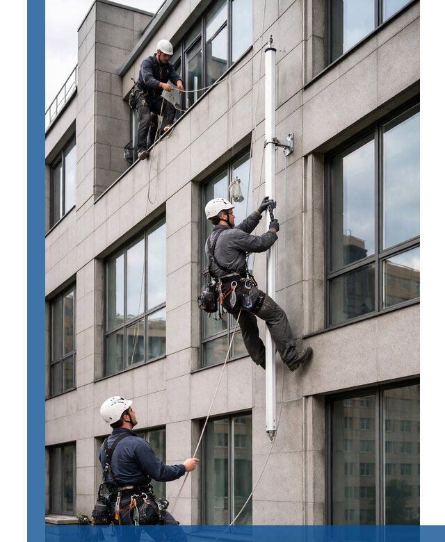 Монтаж флагштока на фасаде здания с креплением и герметикой в Топках