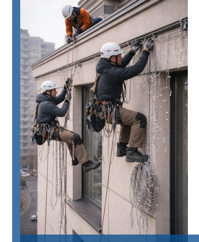 Монтаж праздничных гирлянд на фасаде в Топках для зданий