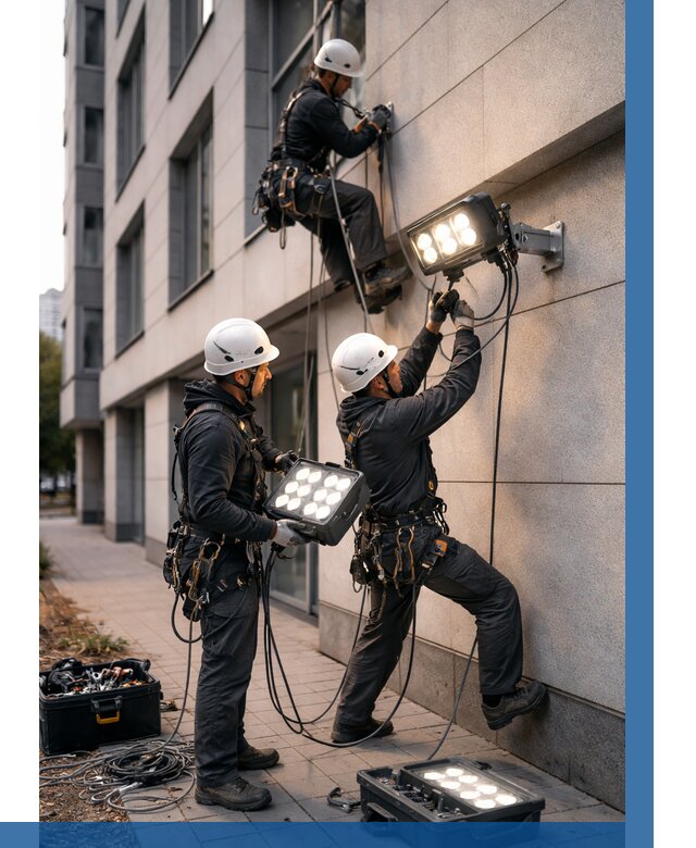 Монтаж прожекторов на фасаде в Топках от 7600 р. | ВЫСОТНИК-Тпк