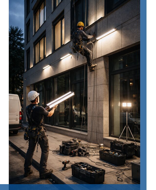 Монтаж архитектурной подсветки здания в Топках от 2533 р.|ВЫСОТНИК-Тпк