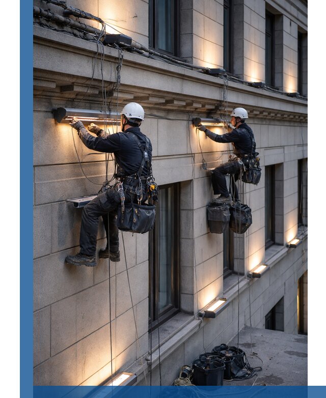 Монтаж архитектурной подсветки фасадов зданий в Топках