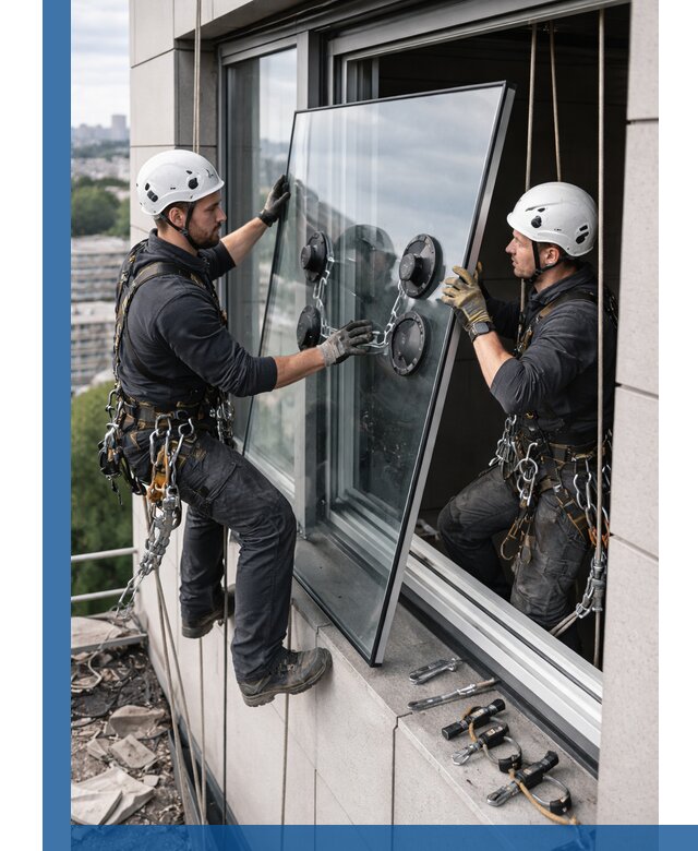 Замена стеклопакетов на высоте с промышленными альпинистами в Топках
