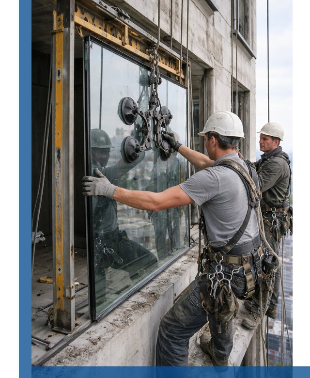 Монтаж стеклопакетов на высоте в Топках с промышленным альпинизмом