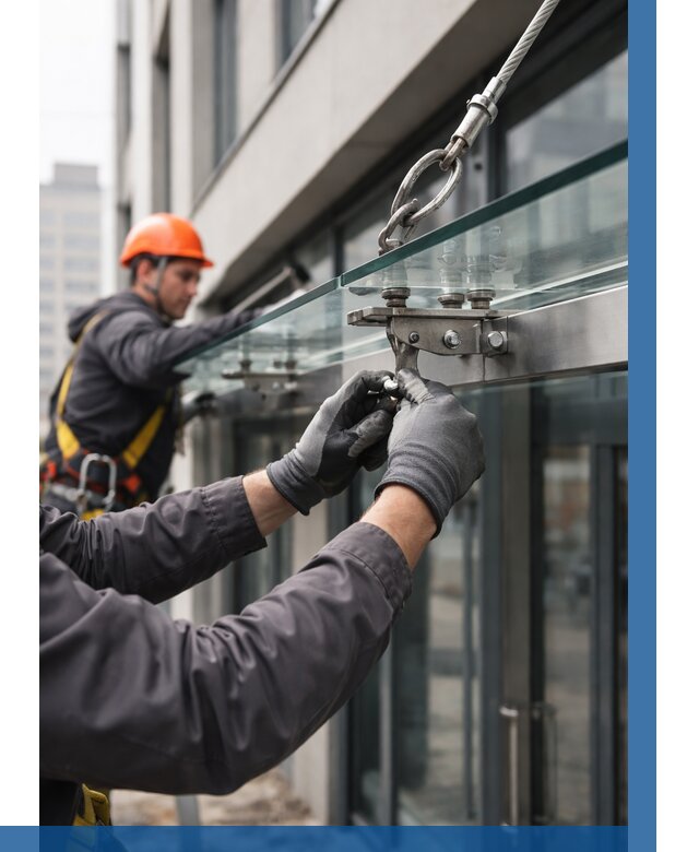 Монтаж стеклянных козырьков в Топках от 8613 р. | ВЫСОТНИК-Тпк