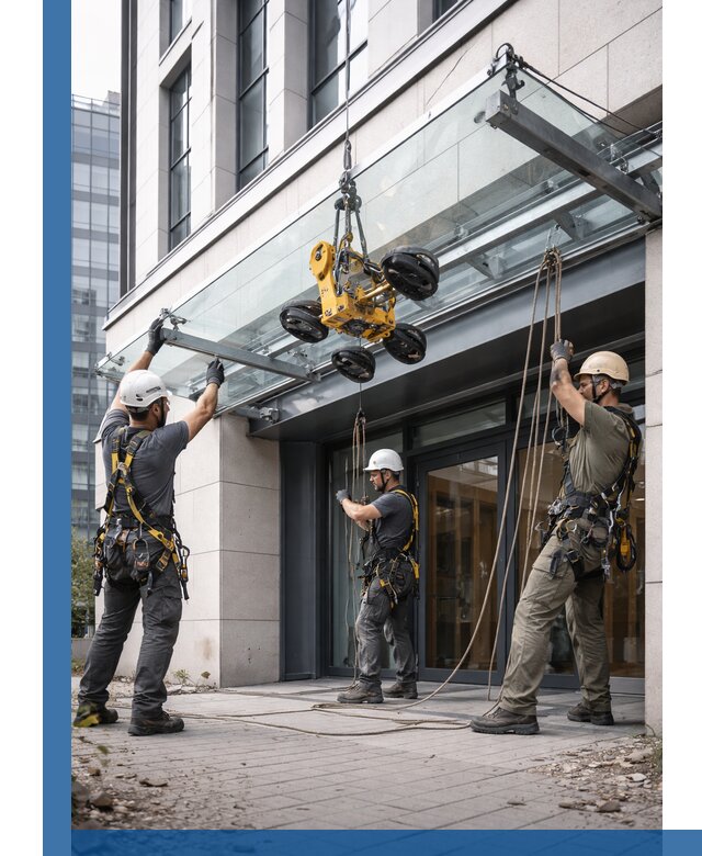 Монтаж стеклянных козырьков под ключ в Топках для зданий