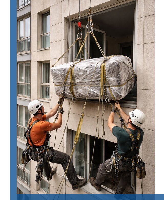 Подъем грузов через окно в Топках промышленными альпинистами