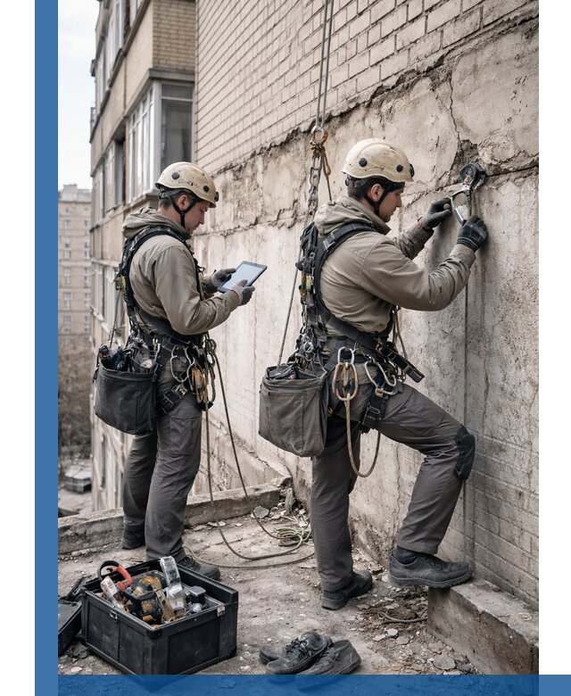 Обследование фасада промышленными альпинистами в Топках